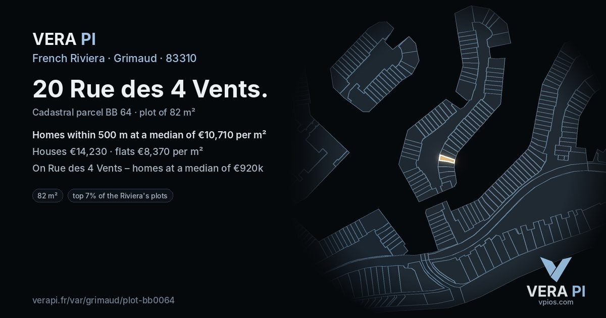 20 Rue des 4 Vents, Grimaud at night – the plot lit, the parcels around coloured by the prices near them