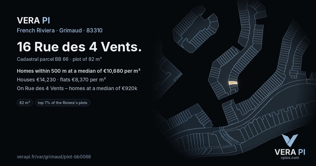 16 Rue des 4 Vents, Grimaud at night – the plot lit, the parcels around coloured by the prices near them