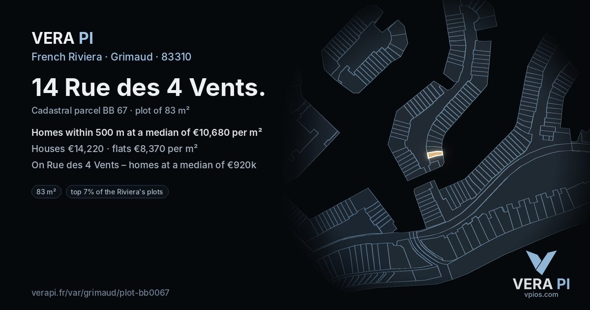 14 Rue des 4 Vents, Grimaud at night – the plot lit, the parcels around coloured by the prices near them