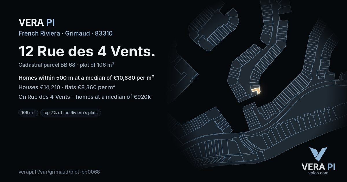 12 Rue des 4 Vents, Grimaud at night – the plot lit, the parcels around coloured by the prices near them