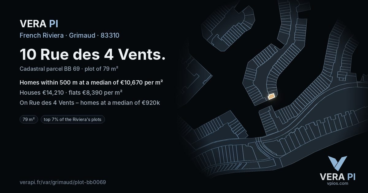 10 Rue des 4 Vents, Grimaud at night – the plot lit, the parcels around coloured by the prices near them