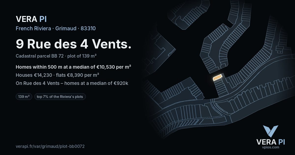9 Rue des 4 Vents, Grimaud at night – the plot lit, the parcels around coloured by the prices near them