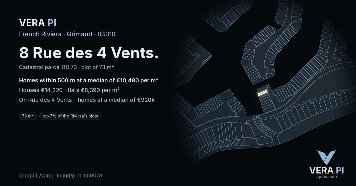 8 Rue des 4 Vents, Grimaud at night – the plot lit, the parcels around coloured by the prices near them