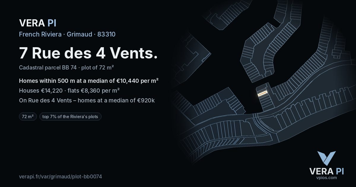7 Rue des 4 Vents, Grimaud at night – the plot lit, the parcels around coloured by the prices near them