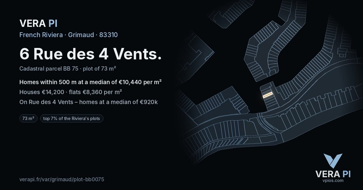 6 Rue des 4 Vents, Grimaud at night – the plot lit, the parcels around coloured by the prices near them