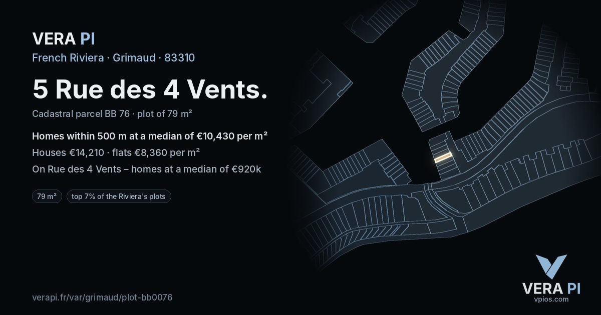 5 Rue des 4 Vents, Grimaud at night – the plot lit, the parcels around coloured by the prices near them
