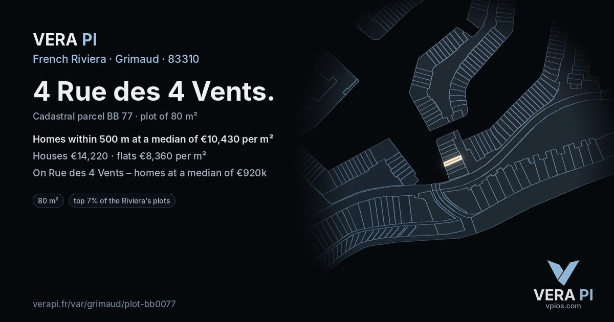 4 Rue des 4 Vents, Grimaud at night – the plot lit, the parcels around coloured by the prices near them