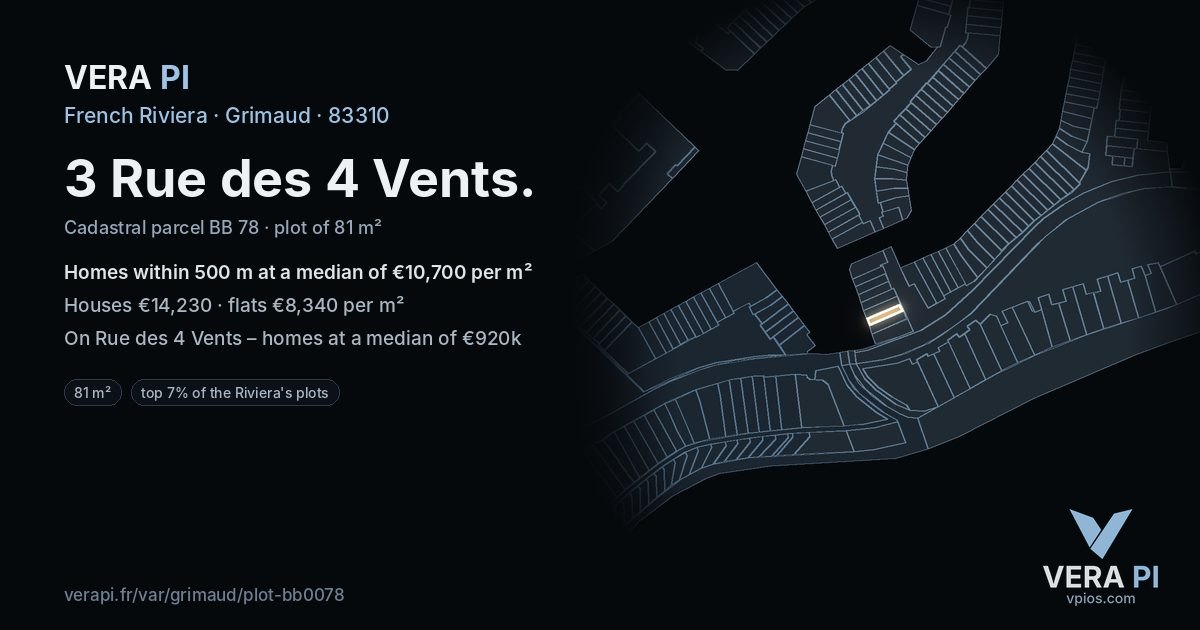 3 Rue des 4 Vents, Grimaud at night – the plot lit, the parcels around coloured by the prices near them