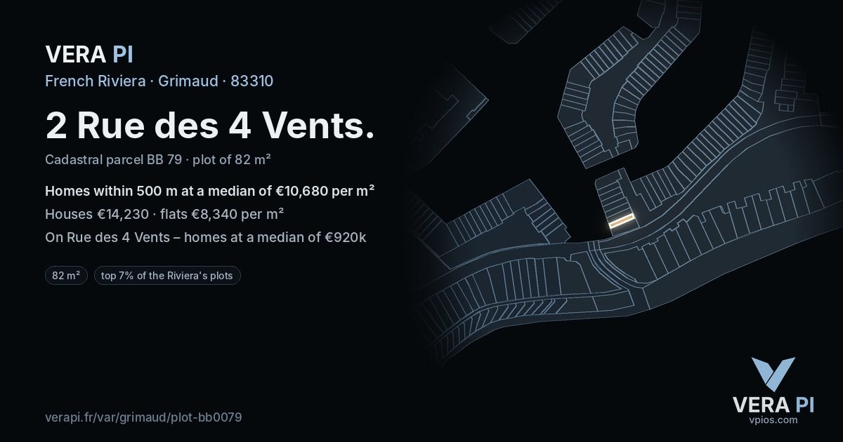 2 Rue des 4 Vents, Grimaud at night – the plot lit, the parcels around coloured by the prices near them