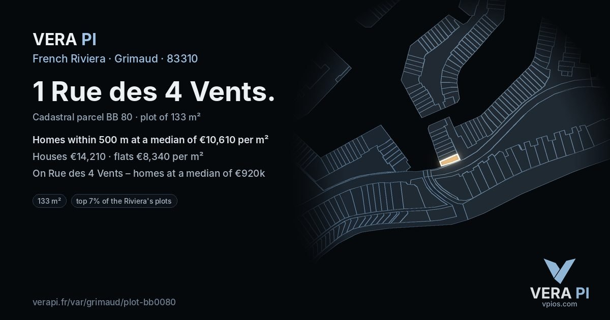 1 Rue des 4 Vents, Grimaud at night – the plot lit, the parcels around coloured by the prices near them