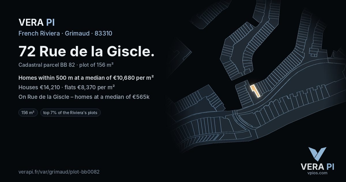 72 Rue de la Giscle, Grimaud at night – the plot lit, the parcels around coloured by the prices near them