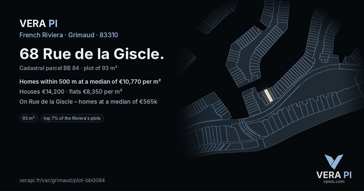 68 Rue de la Giscle, Grimaud at night – the plot lit, the parcels around coloured by the prices near them