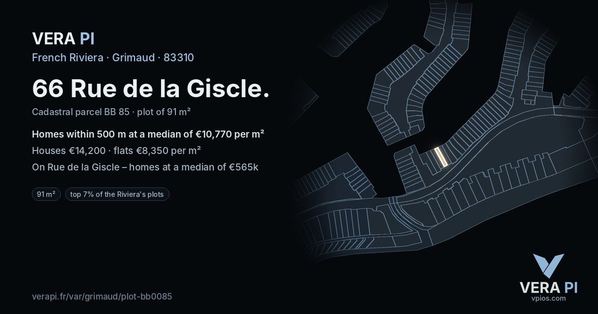 66 Rue de la Giscle, Grimaud at night – the plot lit, the parcels around coloured by the prices near them