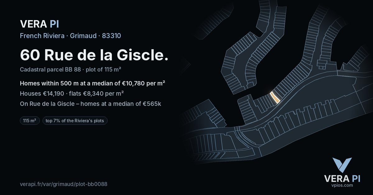 60 Rue de la Giscle, Grimaud at night – the plot lit, the parcels around coloured by the prices near them
