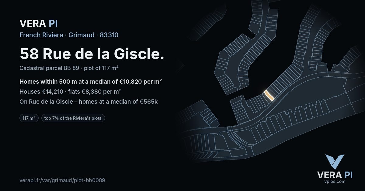 58 Rue de la Giscle, Grimaud at night – the plot lit, the parcels around coloured by the prices near them