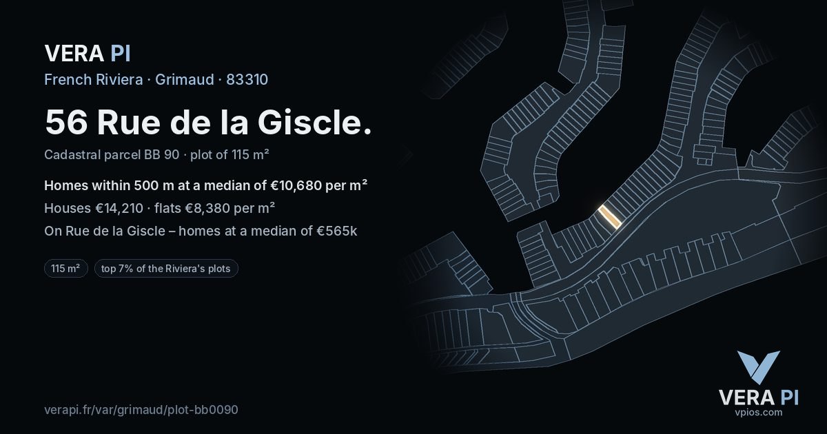 56 Rue de la Giscle, Grimaud at night – the plot lit, the parcels around coloured by the prices near them