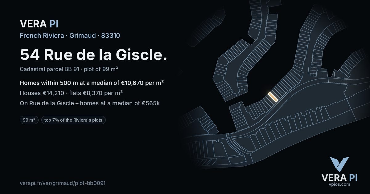 54 Rue de la Giscle, Grimaud at night – the plot lit, the parcels around coloured by the prices near them