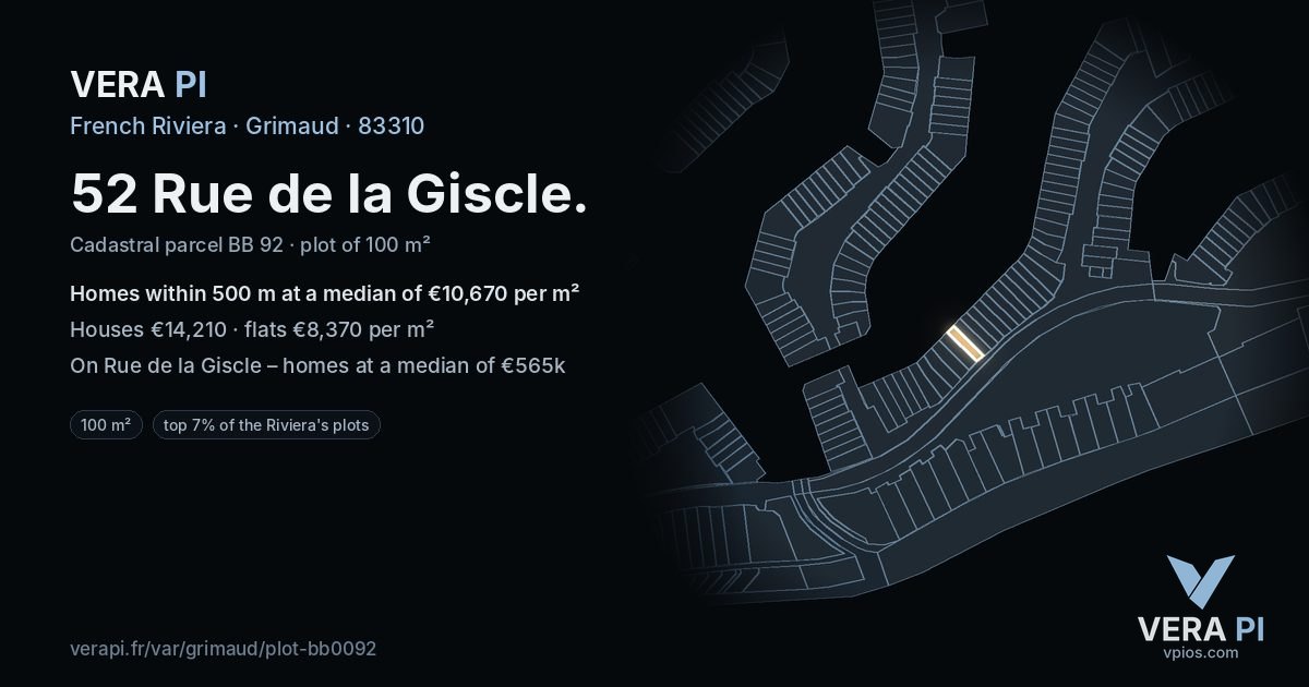 52 Rue de la Giscle, Grimaud at night – the plot lit, the parcels around coloured by the prices near them