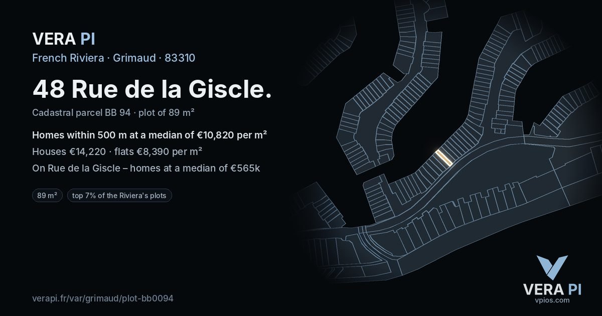 48 Rue de la Giscle, Grimaud at night – the plot lit, the parcels around coloured by the prices near them