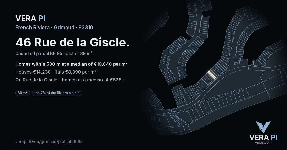 46 Rue de la Giscle, Grimaud at night – the plot lit, the parcels around coloured by the prices near them