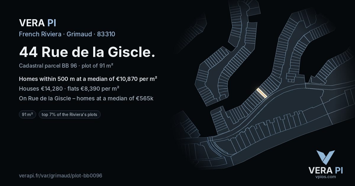 44 Rue de la Giscle, Grimaud at night – the plot lit, the parcels around coloured by the prices near them