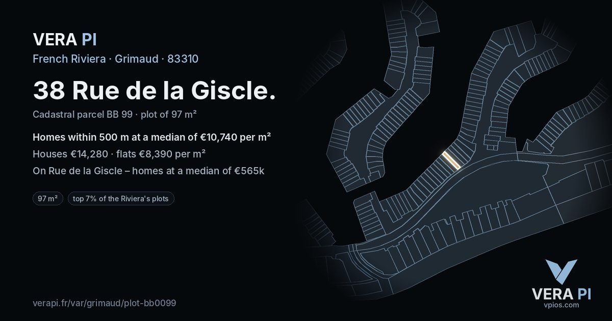 38 Rue de la Giscle, Grimaud at night – the plot lit, the parcels around coloured by the prices near them