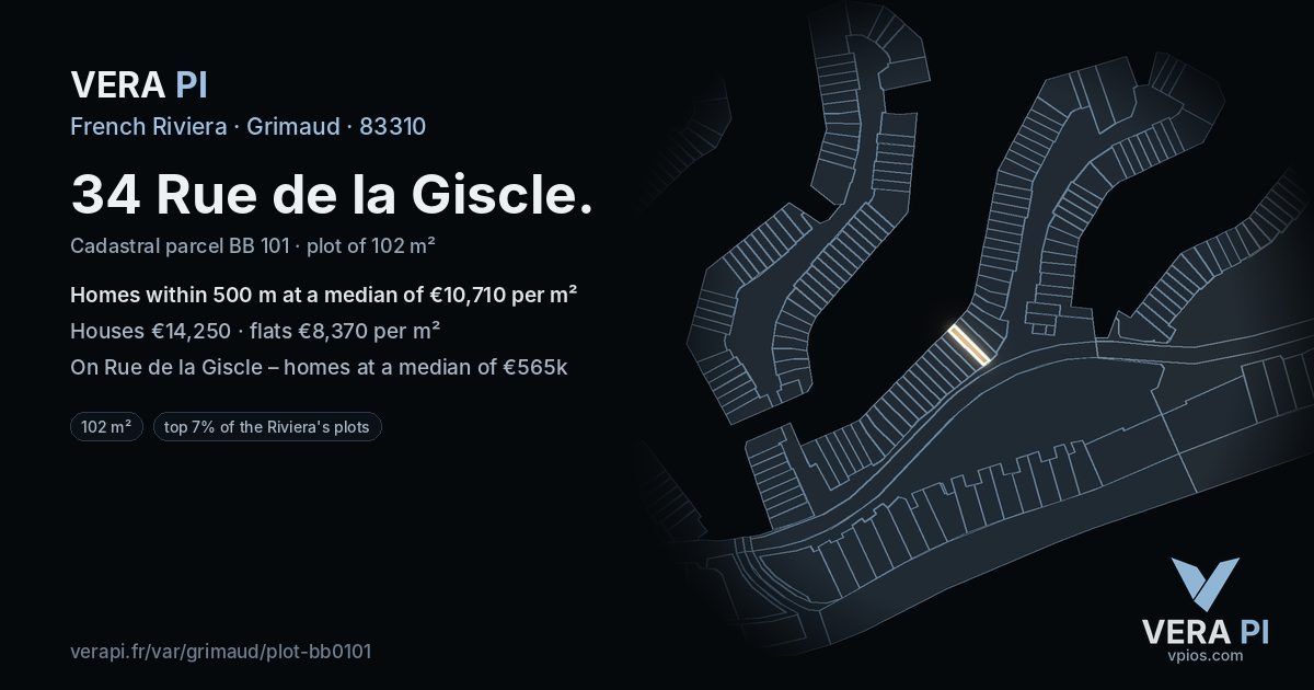 34 Rue de la Giscle, Grimaud at night – the plot lit, the parcels around coloured by the prices near them