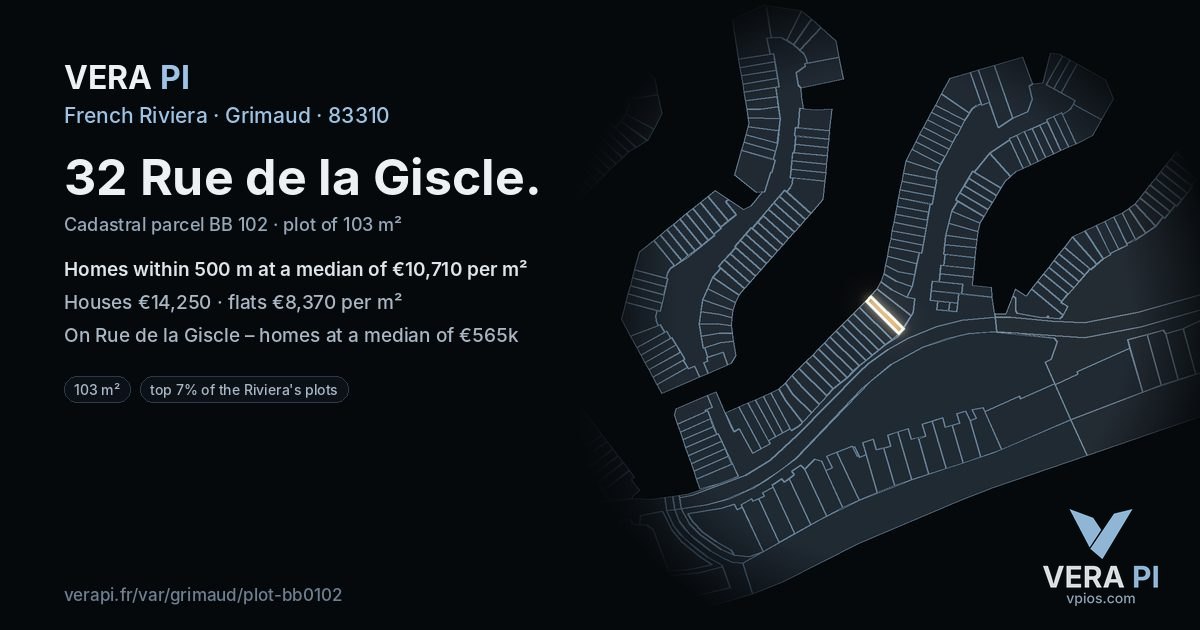 32 Rue de la Giscle, Grimaud at night – the plot lit, the parcels around coloured by the prices near them