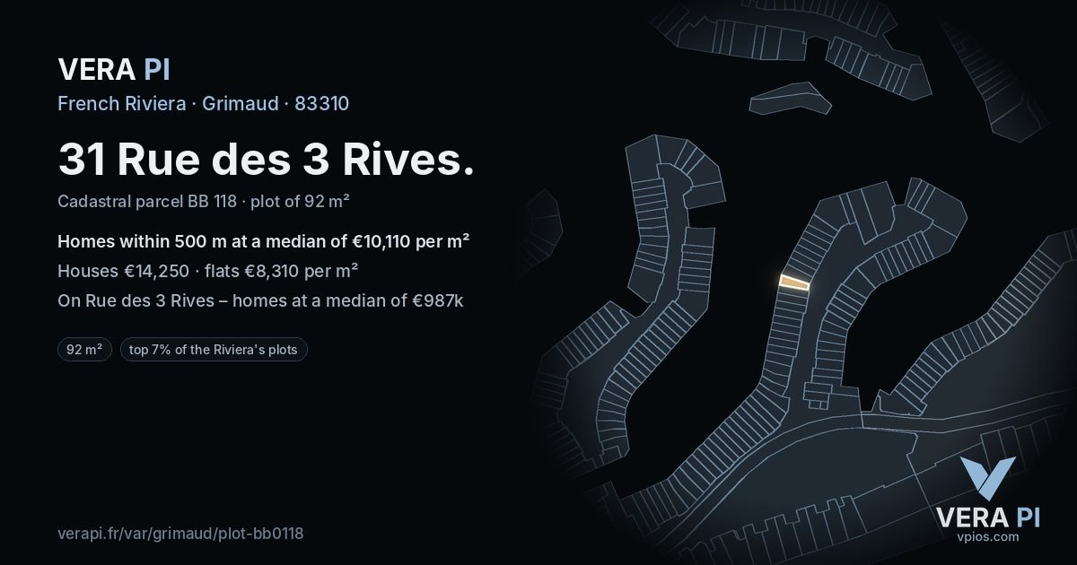 31 Rue des 3 Rives, Grimaud at night – the plot lit, the parcels around coloured by the prices near them