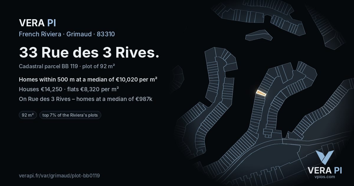 33 Rue des 3 Rives, Grimaud at night – the plot lit, the parcels around coloured by the prices near them