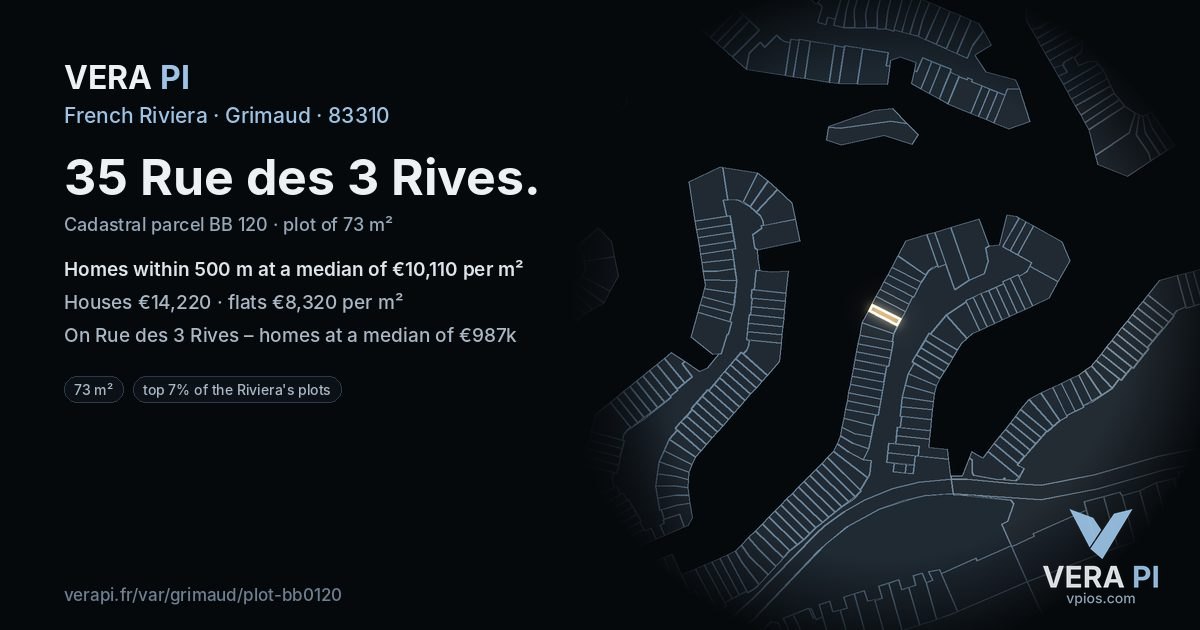 35 Rue des 3 Rives, Grimaud at night – the plot lit, the parcels around coloured by the prices near them