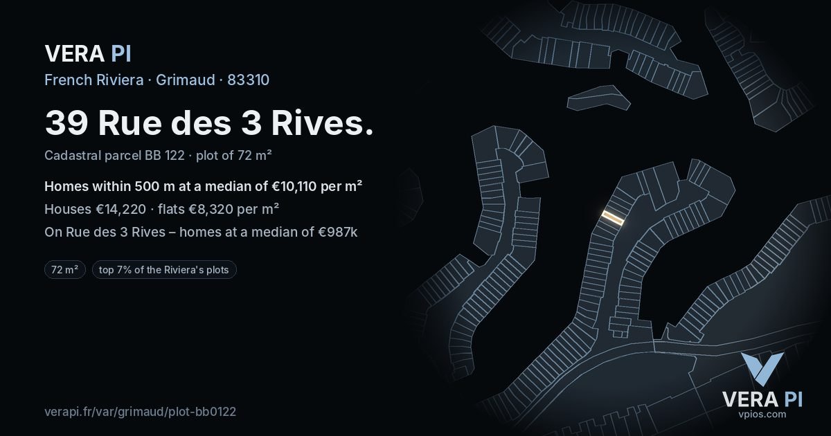39 Rue des 3 Rives, Grimaud at night – the plot lit, the parcels around coloured by the prices near them