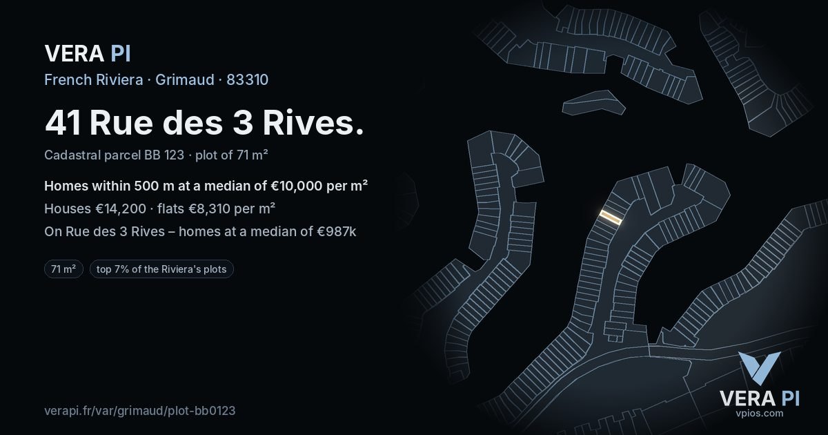 41 Rue des 3 Rives, Grimaud at night – the plot lit, the parcels around coloured by the prices near them