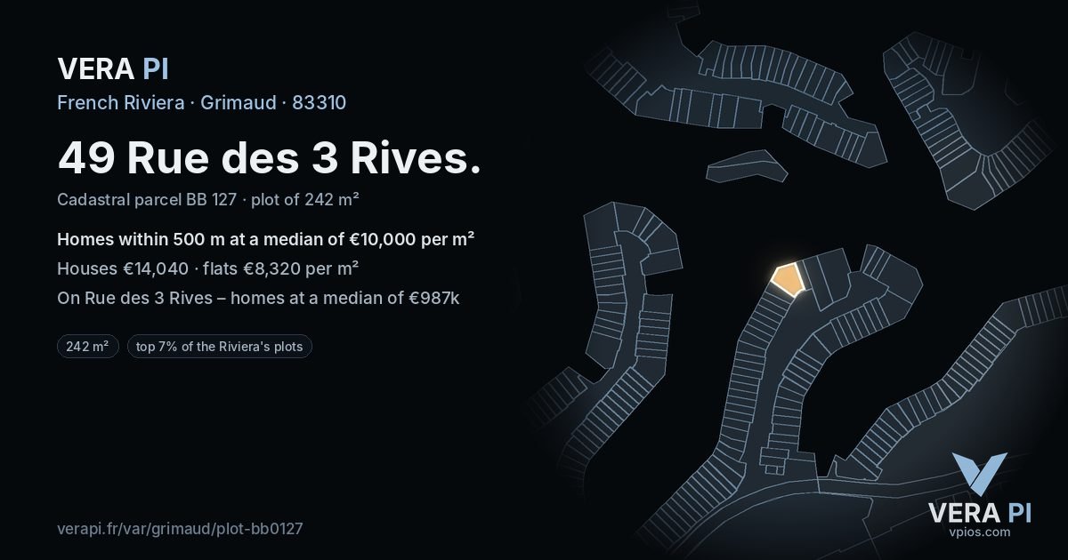 49 Rue des 3 Rives, Grimaud at night – the plot lit, the parcels around coloured by the prices near them