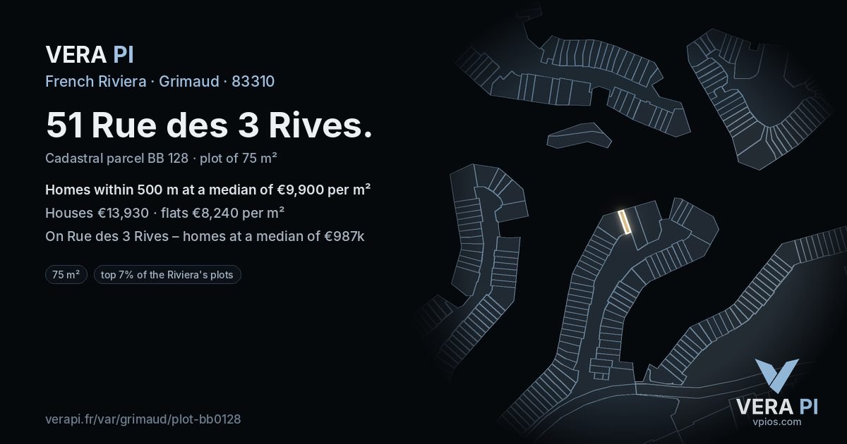 51 Rue des 3 Rives, Grimaud at night – the plot lit, the parcels around coloured by the prices near them