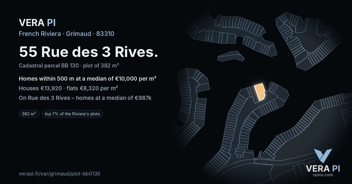 55 Rue des 3 Rives, Grimaud at night – the plot lit, the parcels around coloured by the prices near them