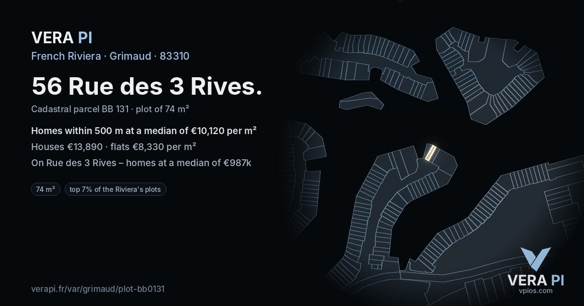 56 Rue des 3 Rives, Grimaud at night – the plot lit, the parcels around coloured by the prices near them