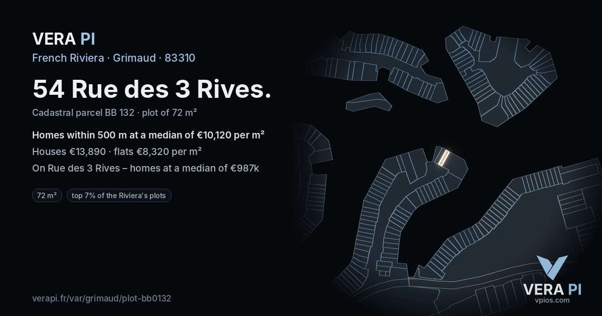 54 Rue des 3 Rives, Grimaud at night – the plot lit, the parcels around coloured by the prices near them