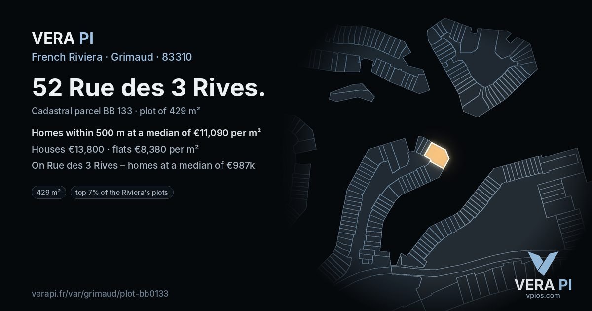 52 Rue des 3 Rives, Grimaud at night – the plot lit, the parcels around coloured by the prices near them