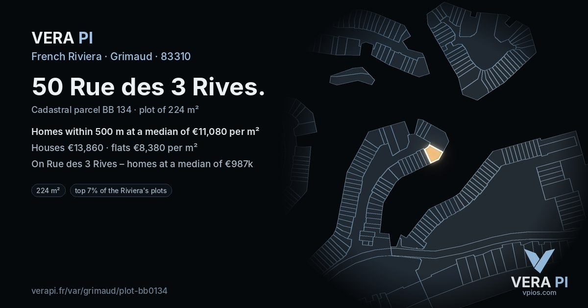 50 Rue des 3 Rives, Grimaud at night – the plot lit, the parcels around coloured by the prices near them