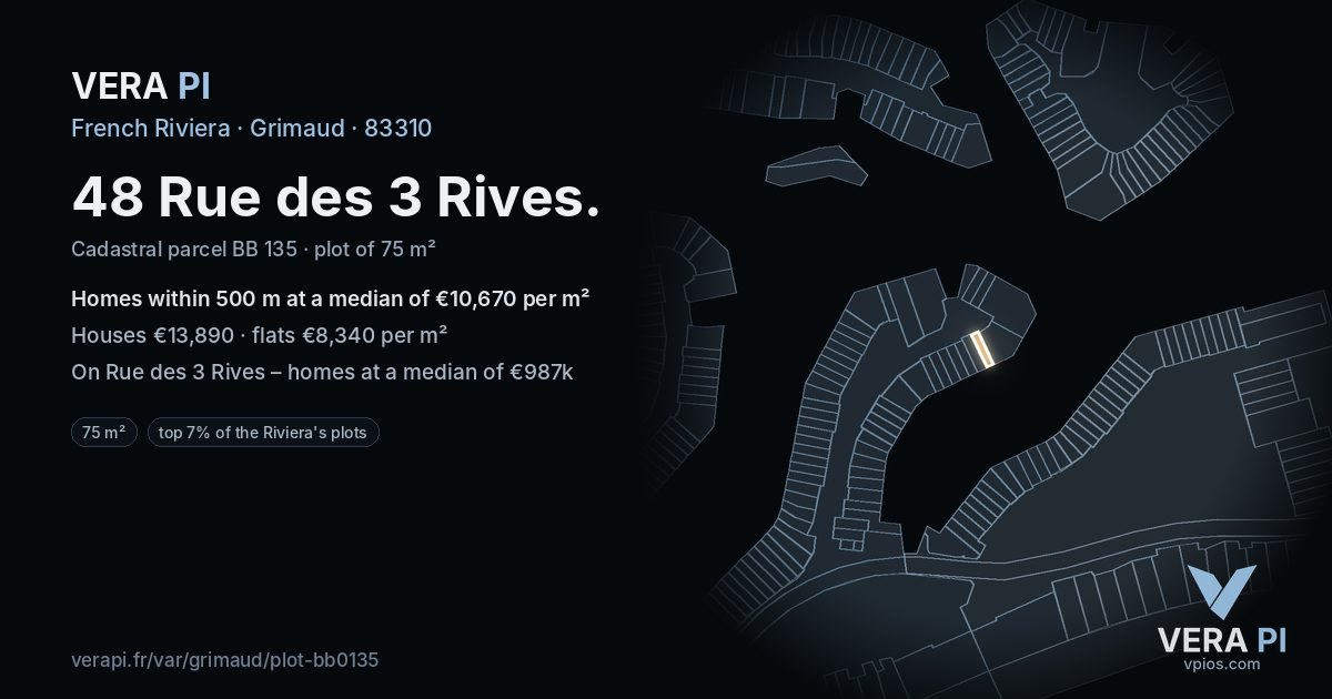48 Rue des 3 Rives, Grimaud at night – the plot lit, the parcels around coloured by the prices near them