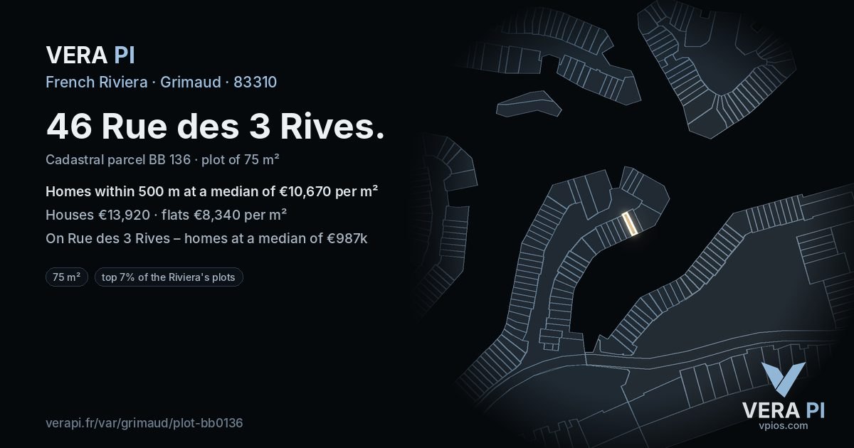 46 Rue des 3 Rives, Grimaud at night – the plot lit, the parcels around coloured by the prices near them
