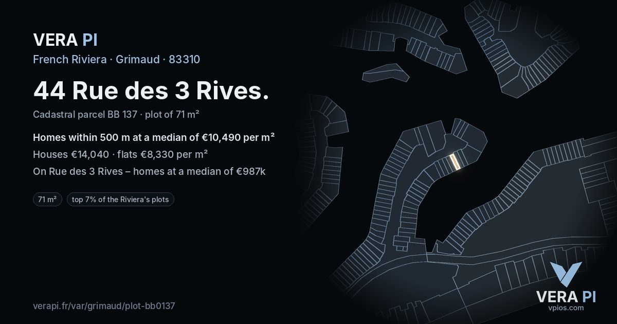 44 Rue des 3 Rives, Grimaud at night – the plot lit, the parcels around coloured by the prices near them