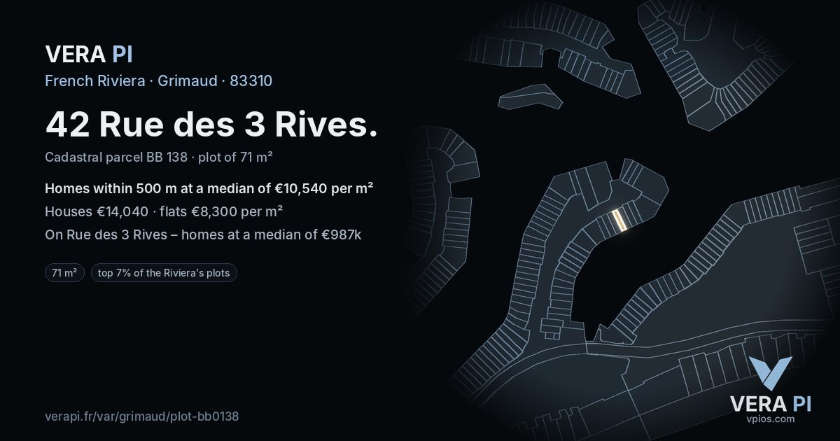 42 Rue des 3 Rives, Grimaud at night – the plot lit, the parcels around coloured by the prices near them