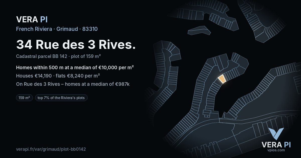 34 Rue des 3 Rives, Grimaud at night – the plot lit, the parcels around coloured by the prices near them