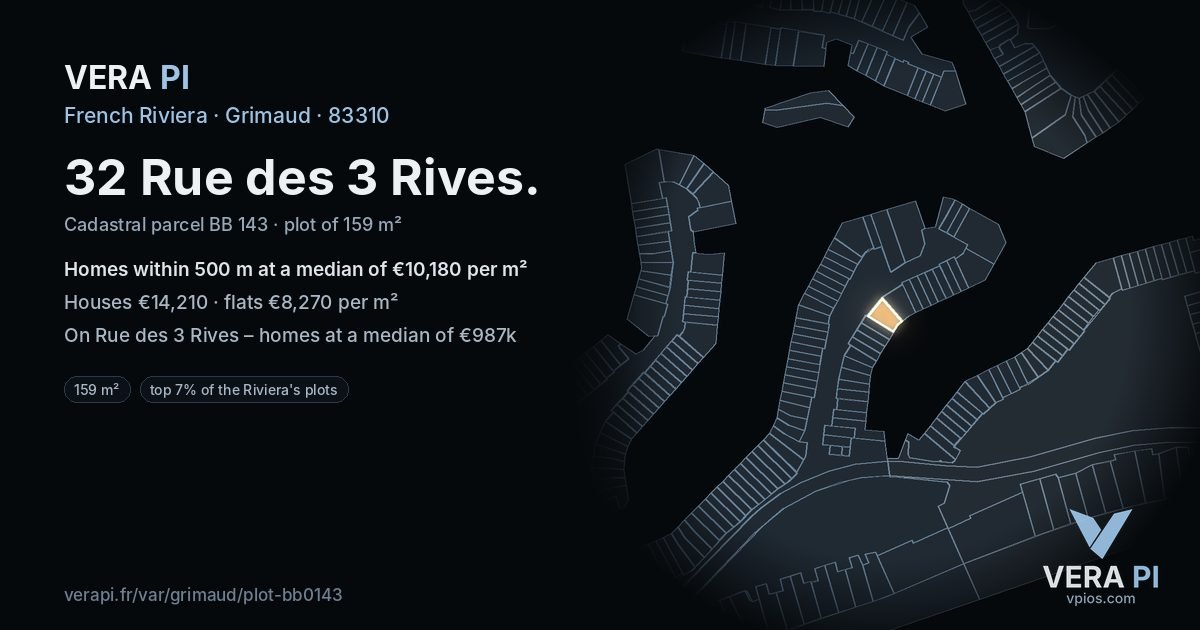 32 Rue des 3 Rives, Grimaud at night – the plot lit, the parcels around coloured by the prices near them