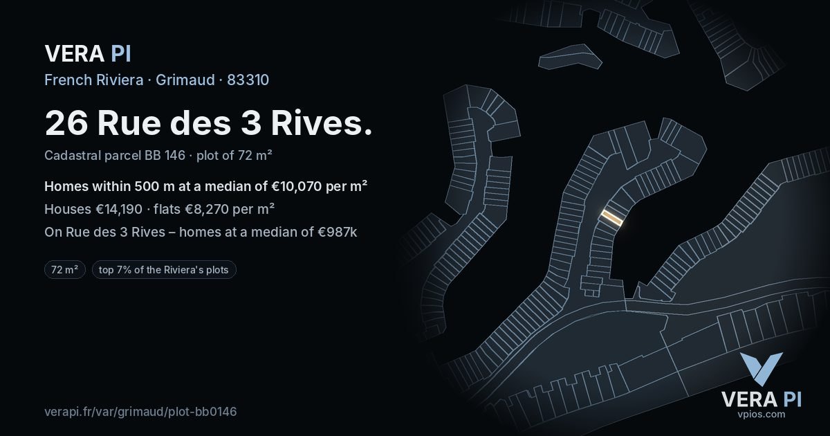 26 Rue des 3 Rives, Grimaud at night – the plot lit, the parcels around coloured by the prices near them