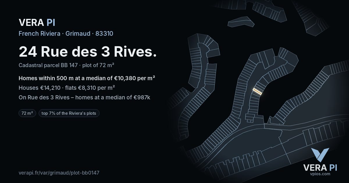 24 Rue des 3 Rives, Grimaud at night – the plot lit, the parcels around coloured by the prices near them