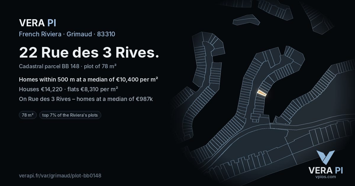 22 Rue des 3 Rives, Grimaud at night – the plot lit, the parcels around coloured by the prices near them