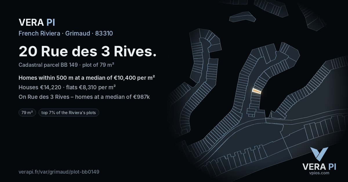 20 Rue des 3 Rives, Grimaud at night – the plot lit, the parcels around coloured by the prices near them
